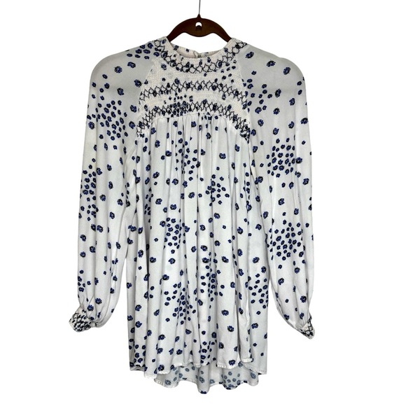Free People Top Women Small White Blue Smocked Long Sleeve Blouse Romantic Cute - Picture 1 of 12